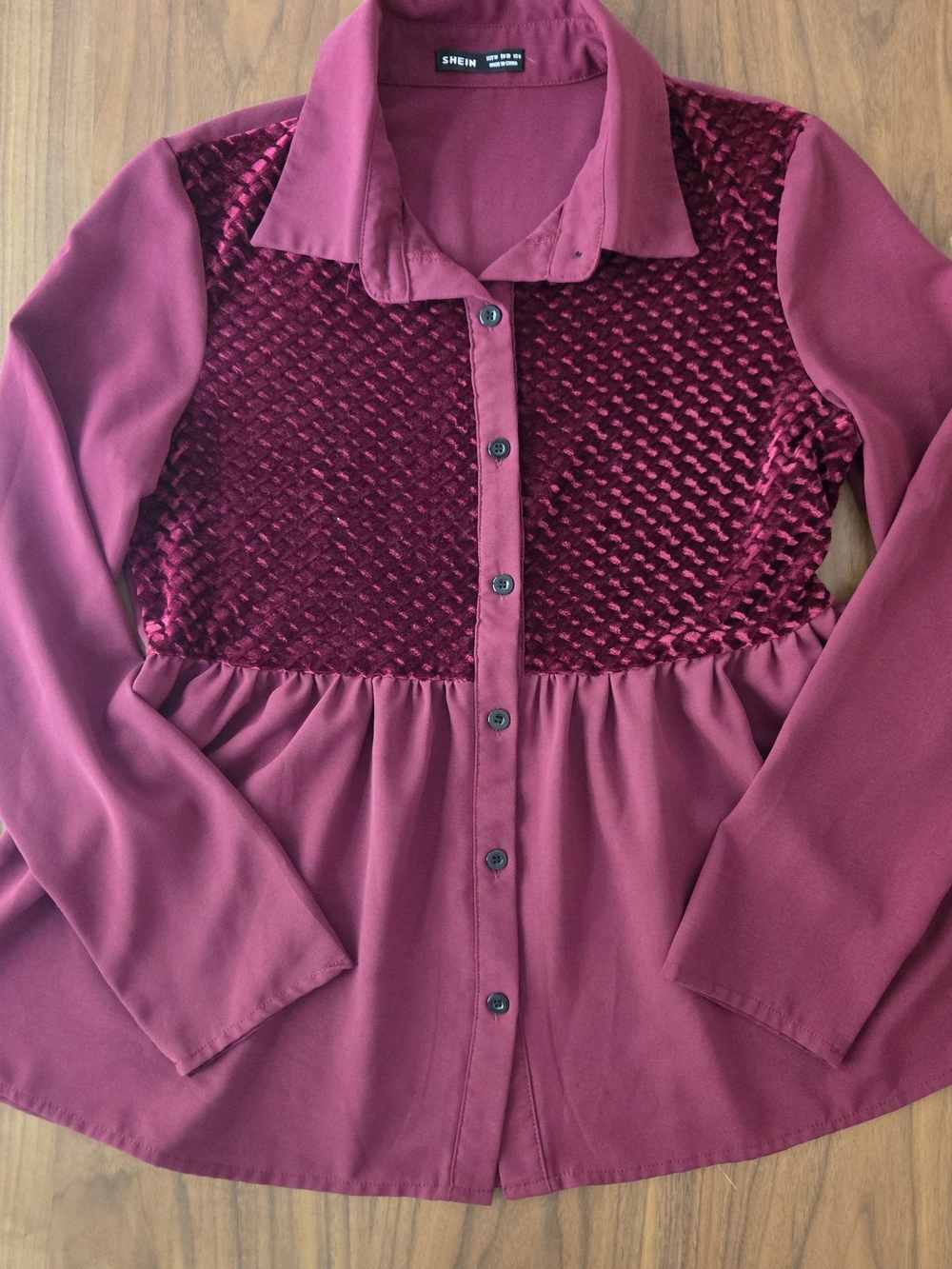 Burgundy Velvet Panel Peplum Blouse Long Sleeve Button Up Shirt M